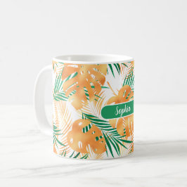 Orange & Grönt Tropical Löv, White Namn Kaffemugg