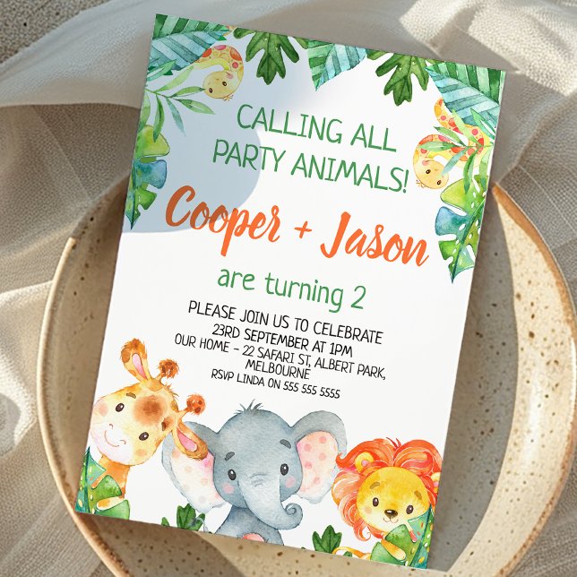 Orange Grönt Twillingar Party Animals Safari Birth Inbjudningar (Twin Boys Safari Birthday Invitation, Jungle Animals Birthday Invite For Twin Boys Joint Birthday )
