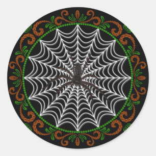 Orange Grönt Vit Spindelnät och Svart spider Runt Klistermärke