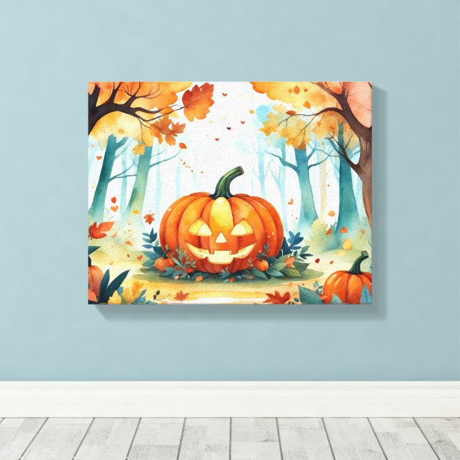 Orange Grönt Watercolor Autumn Pumpkins Forest Canvastryck (Insitu (trägolv))