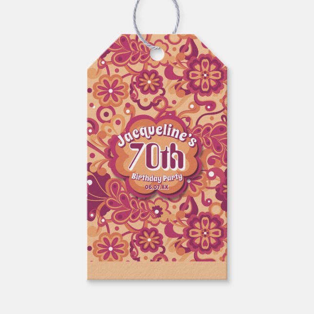 Orange Groovy Psychedelic 60s 70s Floral Birthday Presentetikett (Framsidan)