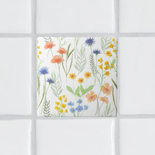 Orange Gul Blå Akvarell Vildblomma Kakelplatta
