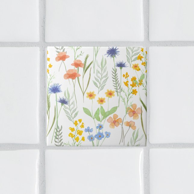 Orange Gul Blå Akvarell Vildblomma Kakelplatta (Skapare uppladdad)