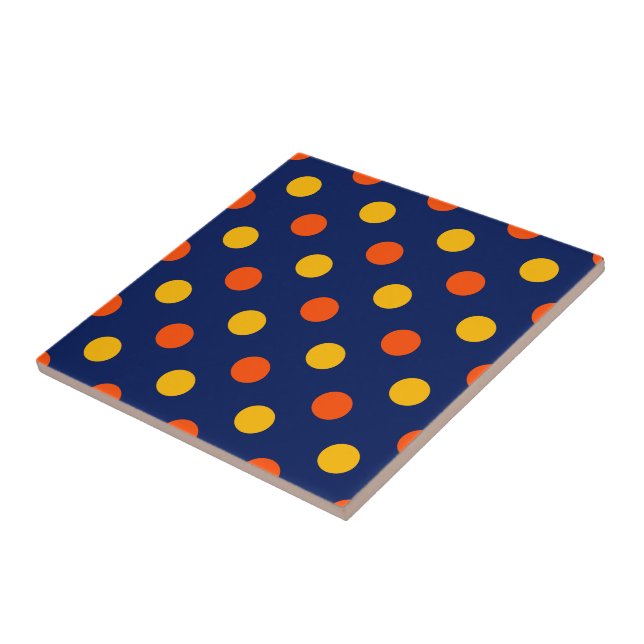 Orange Gul Design på Blå Prickar  Kakelplatta (Sidan)