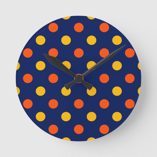 Orange Gul Design på Blå Prickar  Rund Klocka (Framsida)