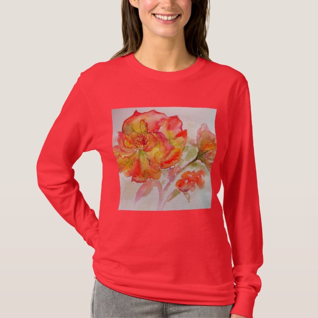 Orange Gul Rosa Akvarellmålning Blommig T Shirt (Framsida)