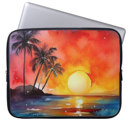 ORANGE & GUL TROPISK SOLNEDGÅNG VID STRANDEN LAPTOP FODRAL