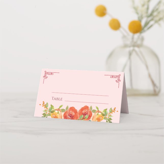 Orange gula blommor kinesisk bröllopsdubbel xi placeringskort (Framsida)