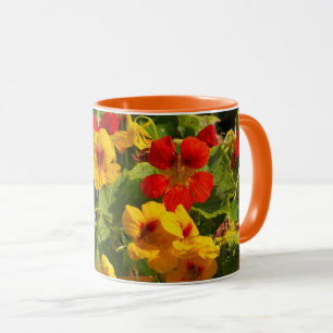 orange gula blommor, nasturtium, blommigt, trädg mugg