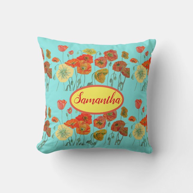 Orange Gula Vallmos Flerfärgade Blommor Babyrum Kudde (Framsida)