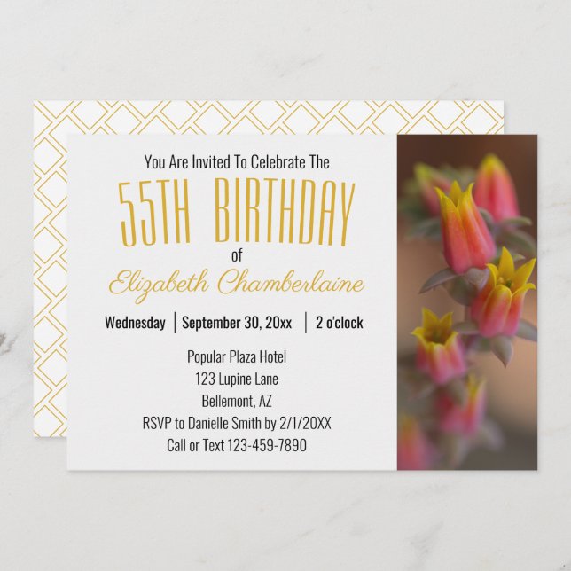 Orange Guld Blommigt Succulent 55:e Födelsedagsfes Inbjudningar (Fram/baksida)