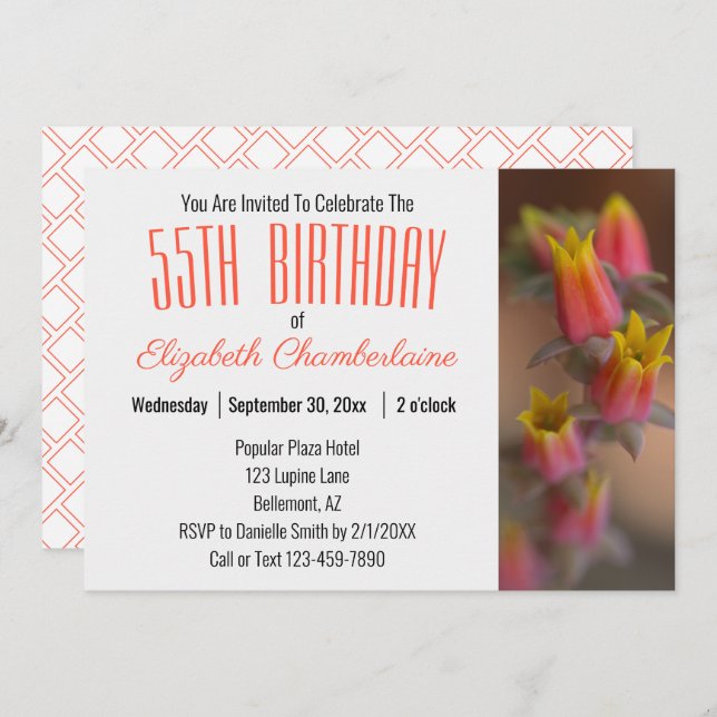 Orange Guld Blommigt Succulent 55:e Födelsedagsfes Inbjudningar (Fram/baksida)