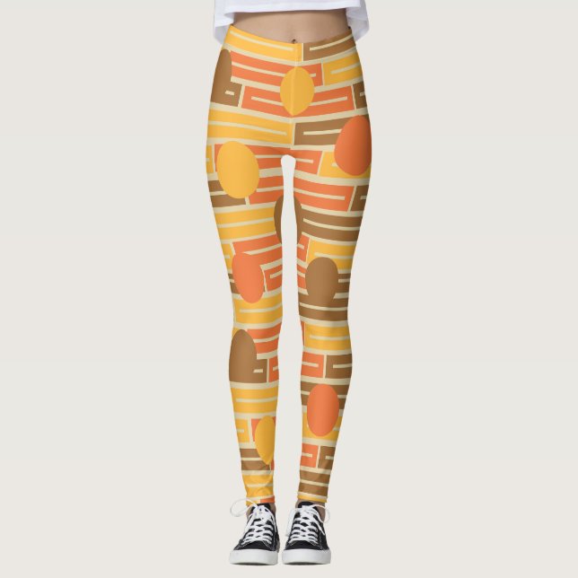 Orange, Guld, bruna rektanglar och cirklar Leggings (Framsida)