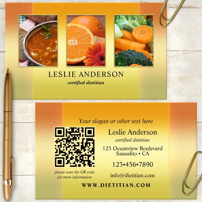 Orange Guld Foton Dietitian Nutritionist QR-kod Visitkort (Portfolio photo business card showing an orange gold design - nice for a dietitian or nutritionist)