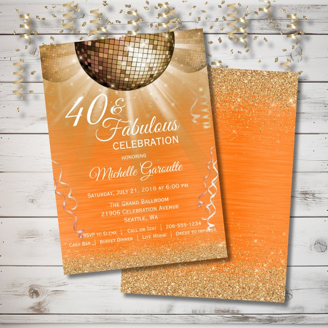 Orange Guld Glam 40 och Fabulous Disco Birthday Inbjudningar (Orange Gold Glam 40 and Fabulous Disco Birthday Invitation)