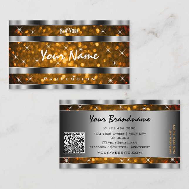 Orange Guld Glitter Gnistrande Stjärnor QR-kod Sil Visitkort (Fram/baksida)