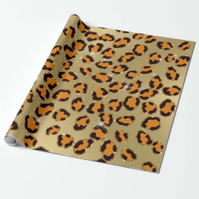 Orange Guld Glitter Leopard Animal Print Cheetah Presentpapper (Utrullad)