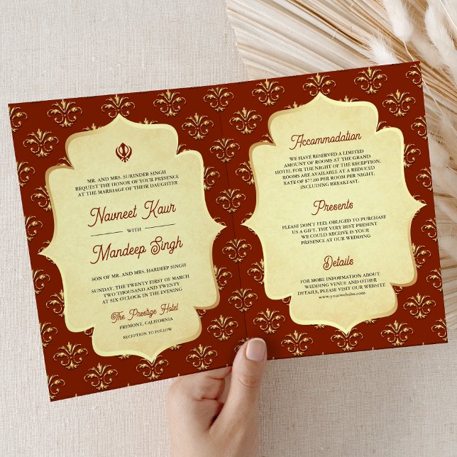 Orange Guld Ornamenterad Anand Karaj Sikh Bröllop Inbjudan (Skapare uppladdad)