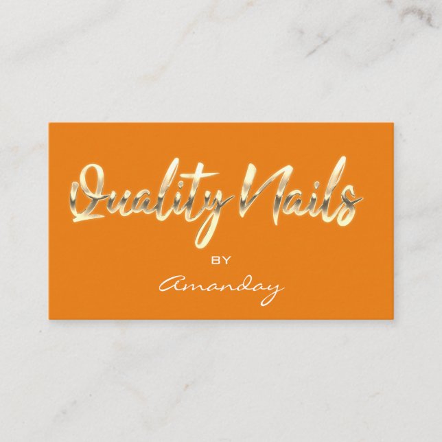Orange Guld Quality Nagel Script QR Code Logotyp Visitkort (Framsida)