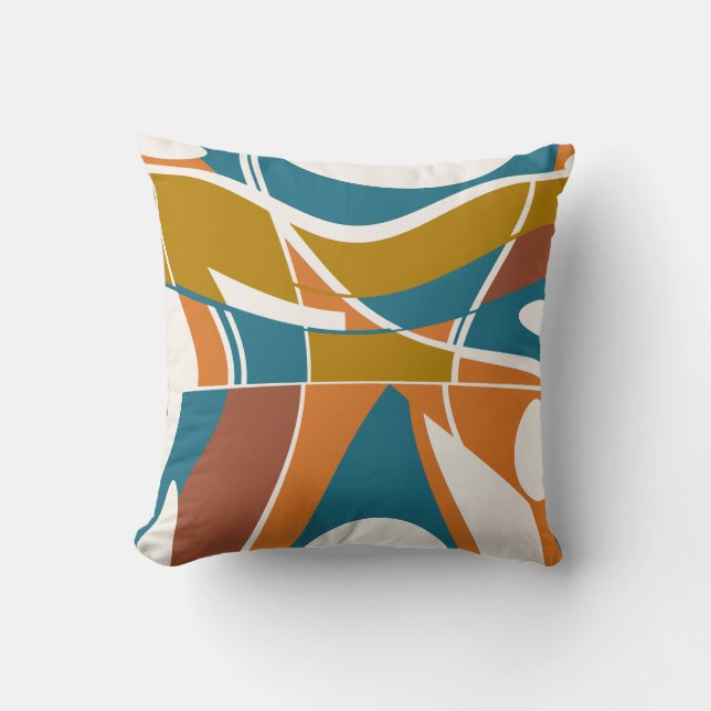 Orange Guld Rust Turcos på White Swirling Motif Kudde (Framsida)