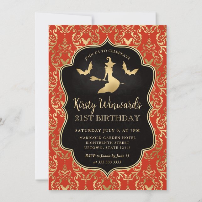 Orange Guld Witch och Fladdermus Damask 21:a födel Inbjudningar (Framsida)