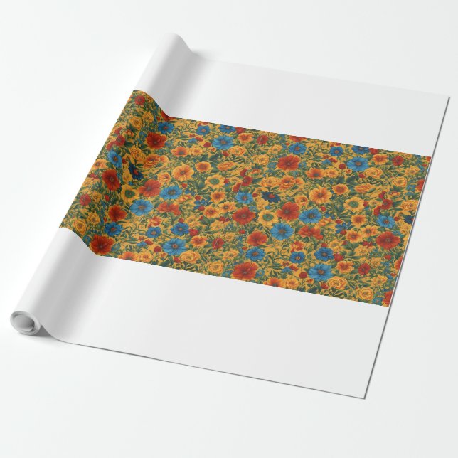 Orange-, Gult-, blått- och Grönt-blommigt Presentpapper (Utrullad)