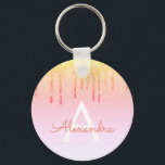Orange Gult Bling Gnistra Glitter Monogram Nyckelring<br><div class="desc">Orange,  Gult och Guld Bling Ombre Gnistra och Faux Dripping Glitter Girly Modern Monogram First Namn och Initial Födelsedagsfest Keychain. Den här Nyckelringen för Födelsedagsfest,  Möhippa,  Bröllop,  Babykläder kan anpassas så att den omfattar ditt första och första namn.</div>