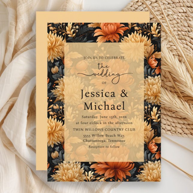 Orange Gult Blommigt för höstfärg  Bröllop Inbjudningar (Burnt orange and yellow floral autumn wedding invitation)