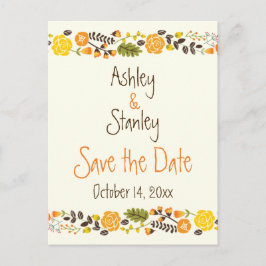 Orange, gult blommigt gräns bröllop spara datum meddelande vykort
