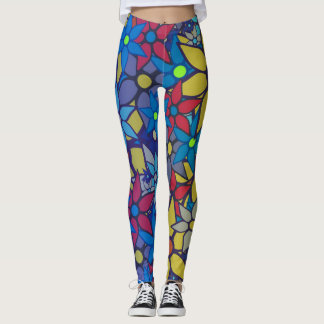 Orange Gult Blue Lila Blommigt Leggings