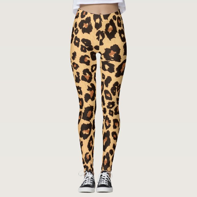Orange Gult Brown Black Leopard Animal Print Leggings (Framsida)
