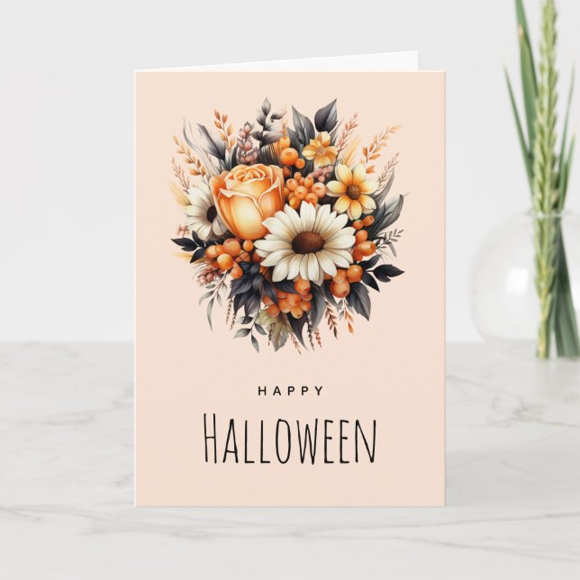 Orange Gult Grått Flower Bouquet Halloween Kort (Framsida)