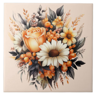 Orange Gult Grått Flower Bouquet Kakelplatta