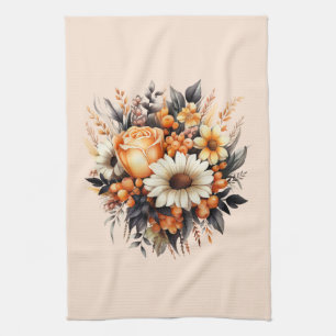 Orange Gult Grått Flower Bouquet Kökshandduk