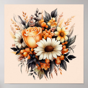 Orange Gult Grått Flower Bouquet Poster