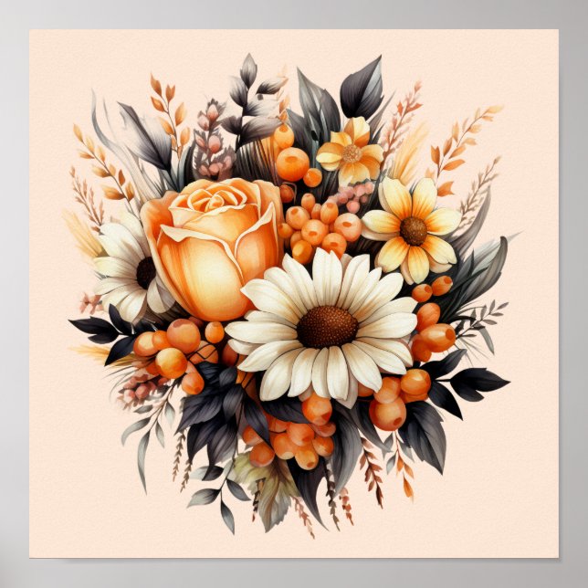 Orange Gult Grått Flower Bouquet Poster (Framsidan)
