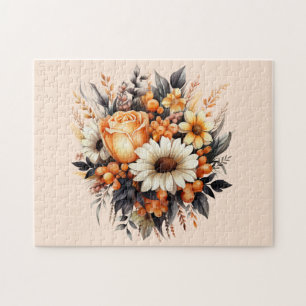Orange Gult Grått Flower Bouquet Pussel