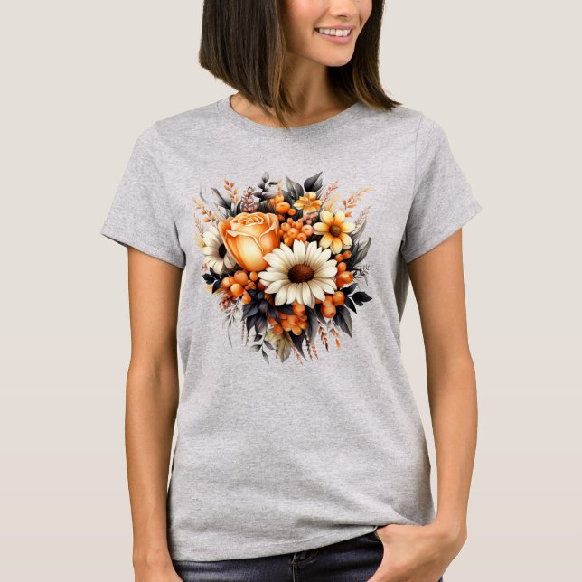 Orange Gult Grått Flower Bouquet T Shirt (Framsida)