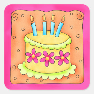 Orange Gult Grattis på födelsedagen Cake Candles Fyrkantigt Klistermärke