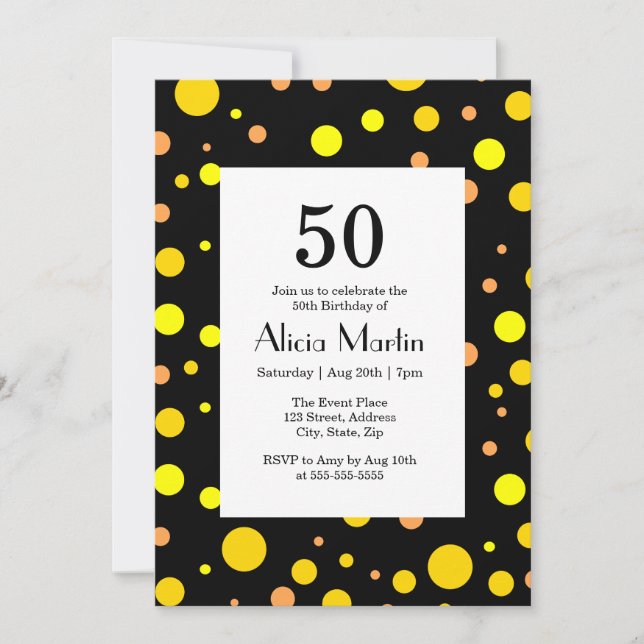 Orange Gult Guld Polka Dot Black 50:e födelsedagen Inbjudningar (Framsida)