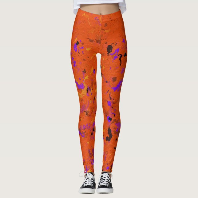Orange, Gult, Lila och svart Abstrakt Leggings (Framsida)