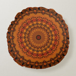 Orange, Gult och Black Mandala Rund Kudde