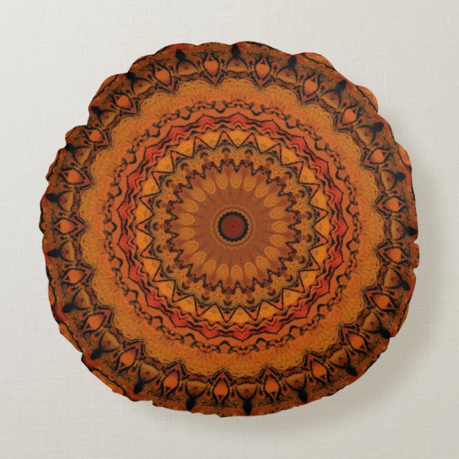 Orange, Gult och Black Mandala Rund Kudde (Framsidan)