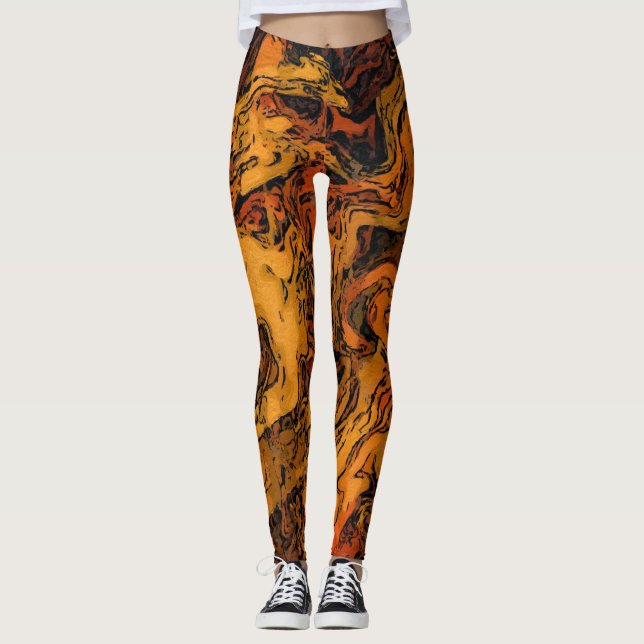 Orange, Gult och svart Abstrakt Leggings (Framsida)