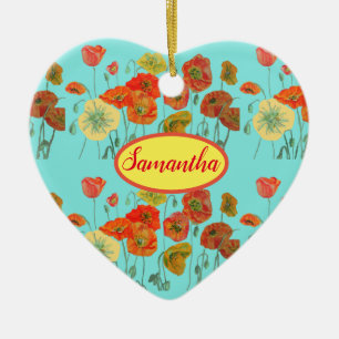 Orange Gult Poppies Blommigt Aqua Poppy Girls Namn Julgransprydnad Keramik