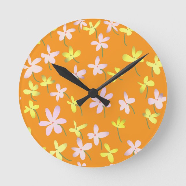 Orange Gult Rosa Minimalistisk Blommigt Botanisk  Rund Klocka (Framsida)