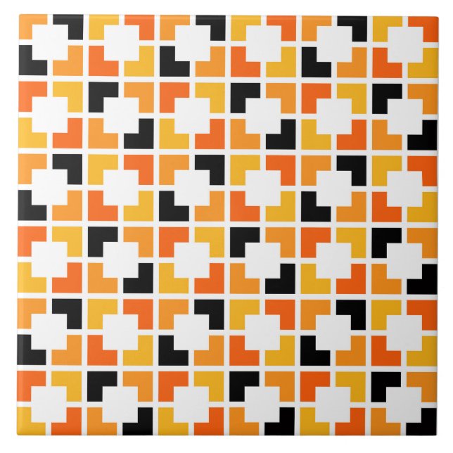 Orange Gult Svarta fyrkanter, geometrisk mönster Kakelplatta (Framsidan)