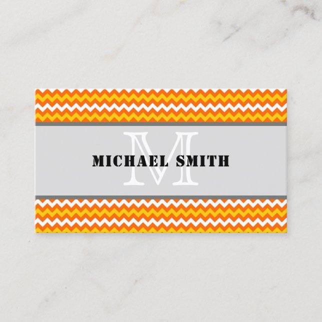 Orange Gult White Chevron Zigzag Monogram Visitkort (Framsida)