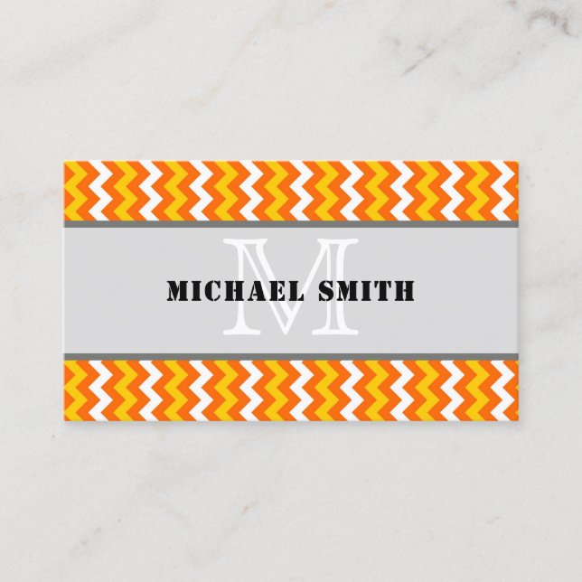 Orange Gult White Chevron Zigzag Monogram Visitkort (Framsida)