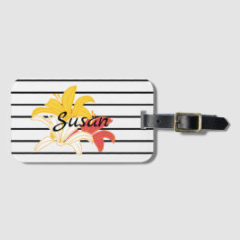 Orange Gult White Flowers on Black White Rand Bagagebricka